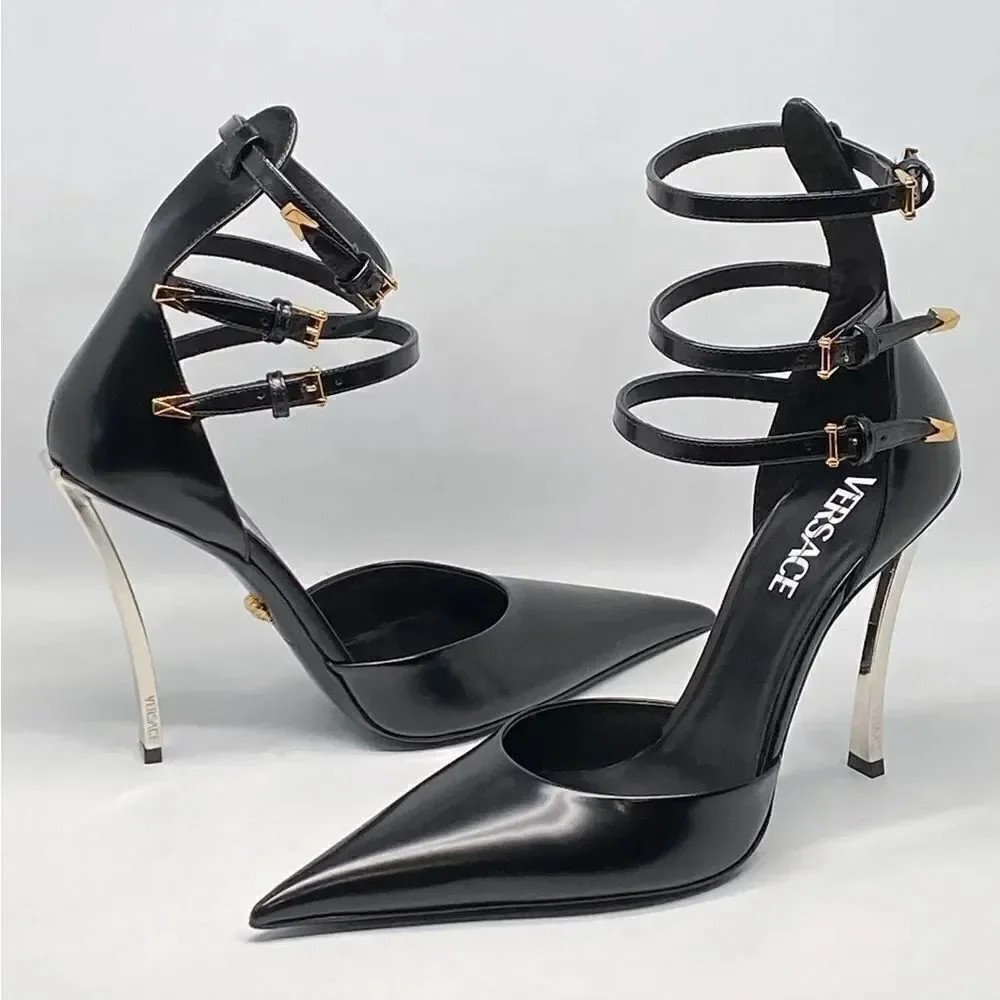 Versace Pin Point Leather Ankle Strap Pumps